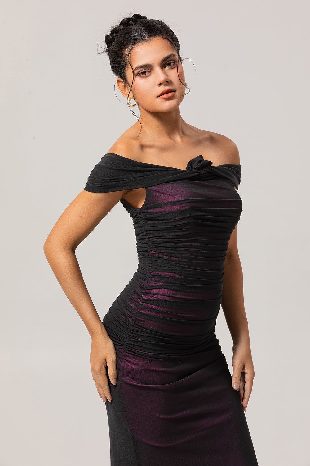 Black Pink Mermaid Off The Shoulder Ruched Tulle Long Bridesmaid Dress with Rosette