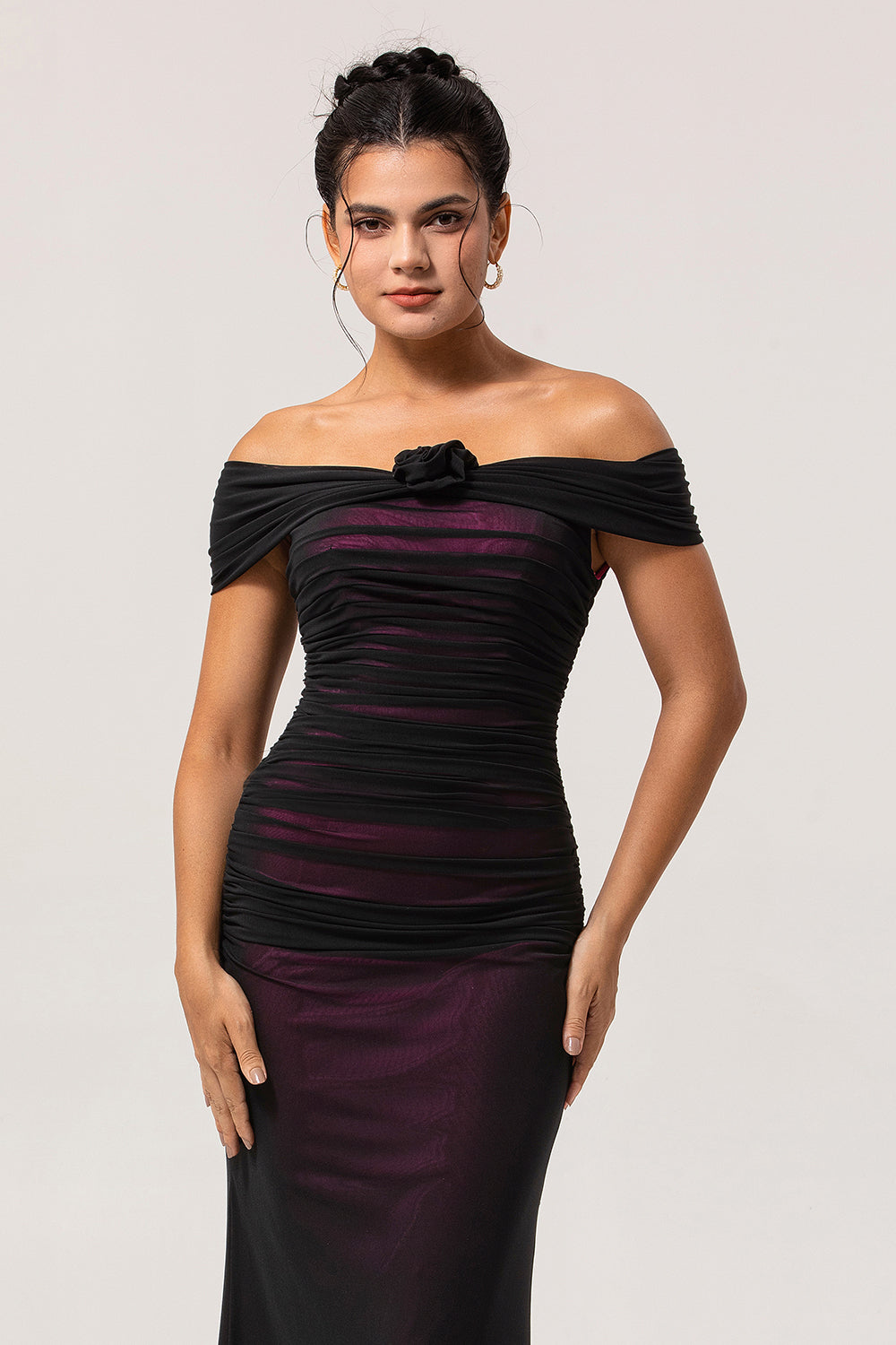Black Pink Mermaid Off The Shoulder Ruched Tulle Long Bridesmaid Dress with Rosette