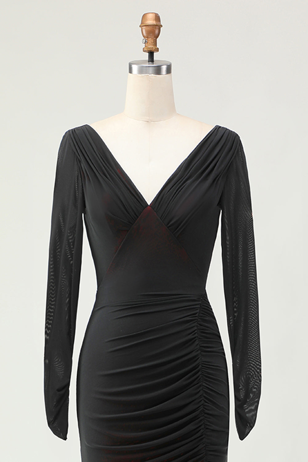 Black Red Sheath Ruched Long Sleeves Bridesmaid Dress with Slit