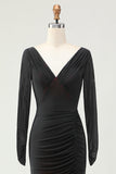 Black Red Sheath Ruched Long Sleeves Bridesmaid Dress with Slit