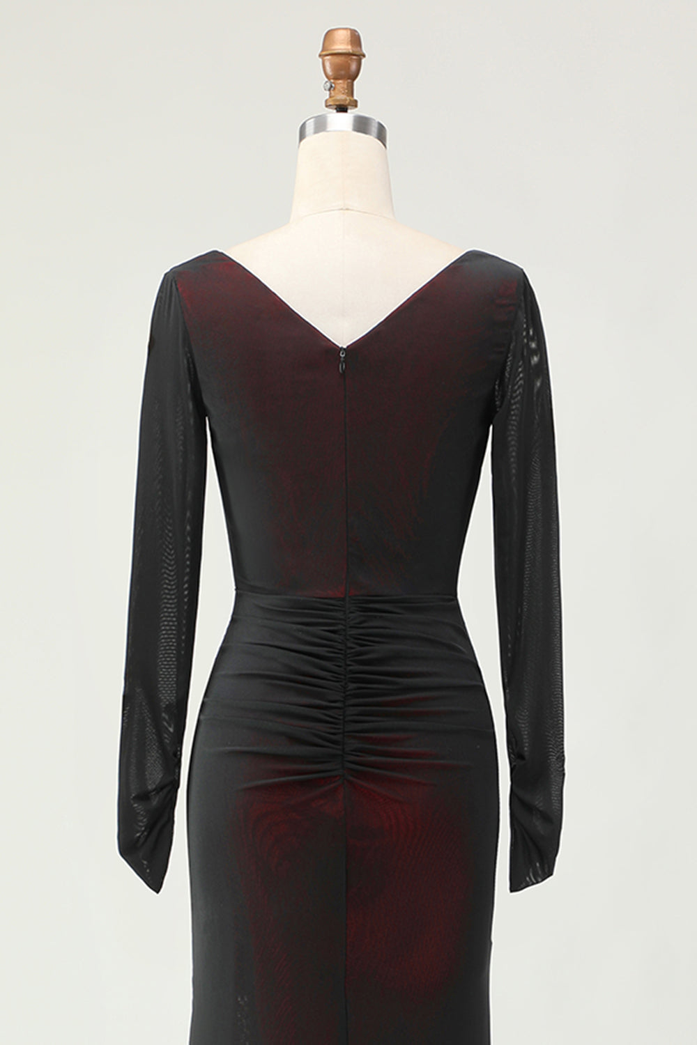 Black Red Sheath Ruched Long Sleeves Bridesmaid Dress with Slit