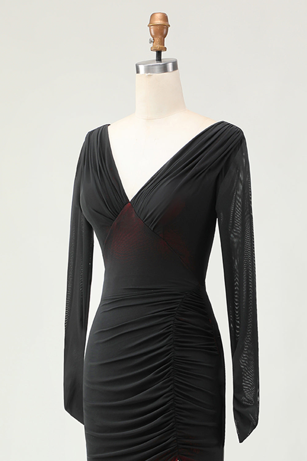 Black Red Sheath Ruched Long Sleeves Bridesmaid Dress with Slit