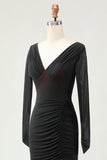 Black Red Sheath Ruched Long Sleeves Bridesmaid Dress with Slit
