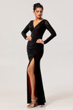 Black Red Mermaid V-Neck Long Sleeves Tulle Long Bridesmaid Dress with Slit