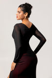 Black Red Mermaid V-Neck Long Sleeves Tulle Long Bridesmaid Dress with Slit