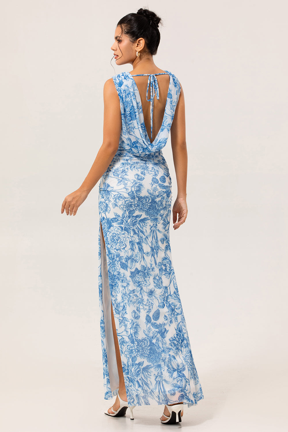 Blue & White Floral Fitted Cowl Neck Backless Maxi Dress with Slit