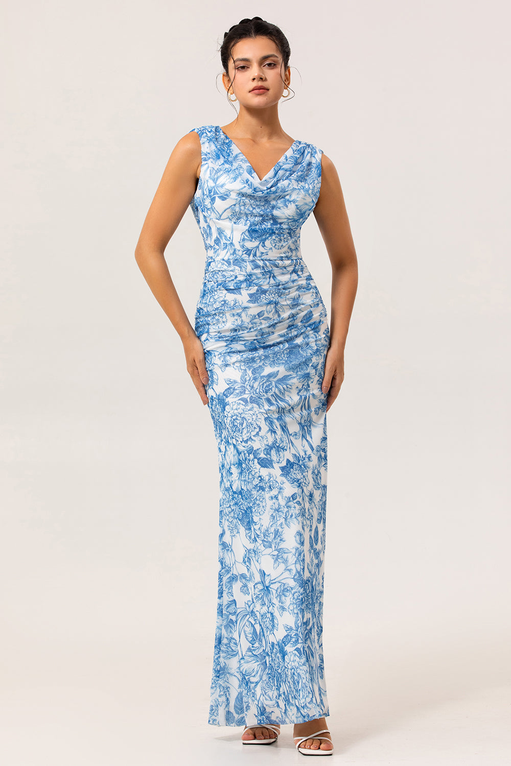 Blue & White Floral Fitted Cowl Neck Backless Maxi Dress with Slit