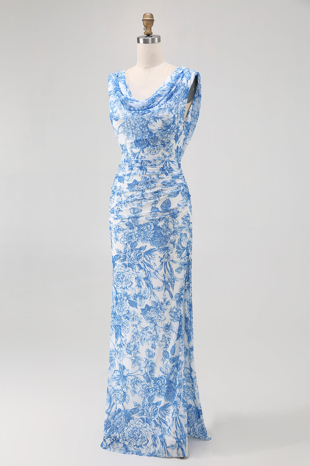 Blue Flower Sheath Cowl Neck Printed Long Bridesmaid Dress with Slit