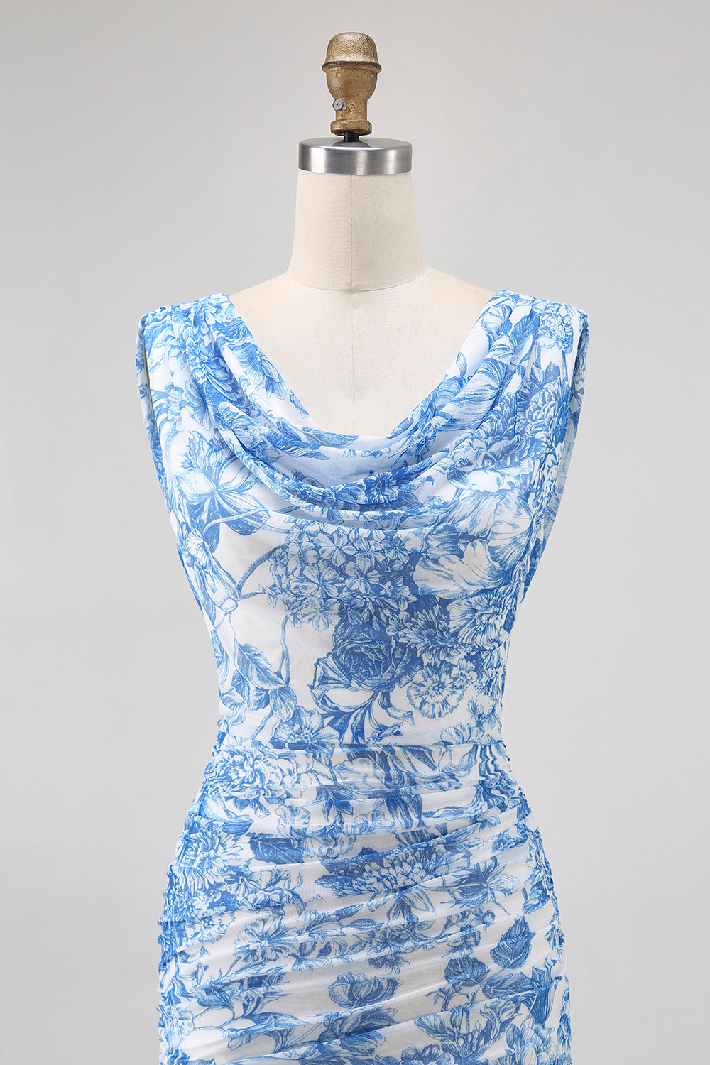 Blue Flower Sheath Cowl Neck Printed Long Bridesmaid Dress with Slit