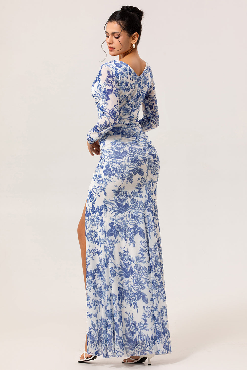 Blue & White Floral Sheath Long Sleeves V-Neck Maxi Dress with Side Slit