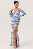 Blue & White Floral Sheath Long Sleeves V-Neck Maxi Dress with Side Slit