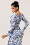 Blue & White Floral Sheath Long Sleeves V-Neck Maxi Dress with Side Slit