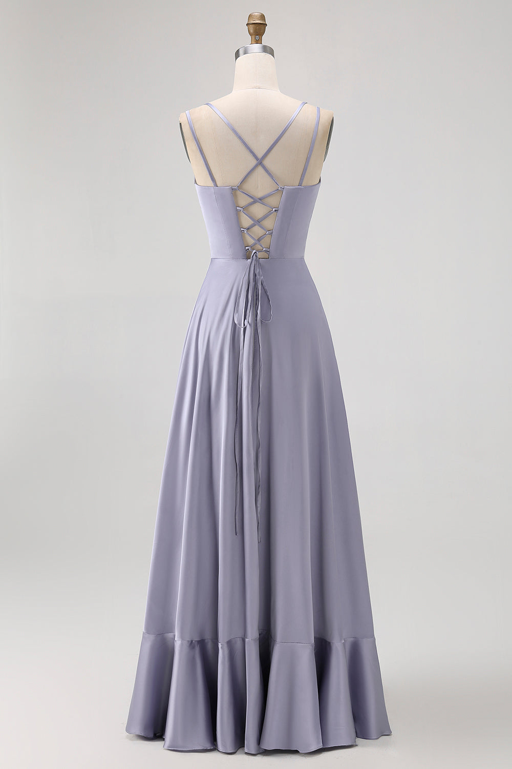 Dusty Blue A-Line Satin Long Bridesmaid Dress with Lace Up Back