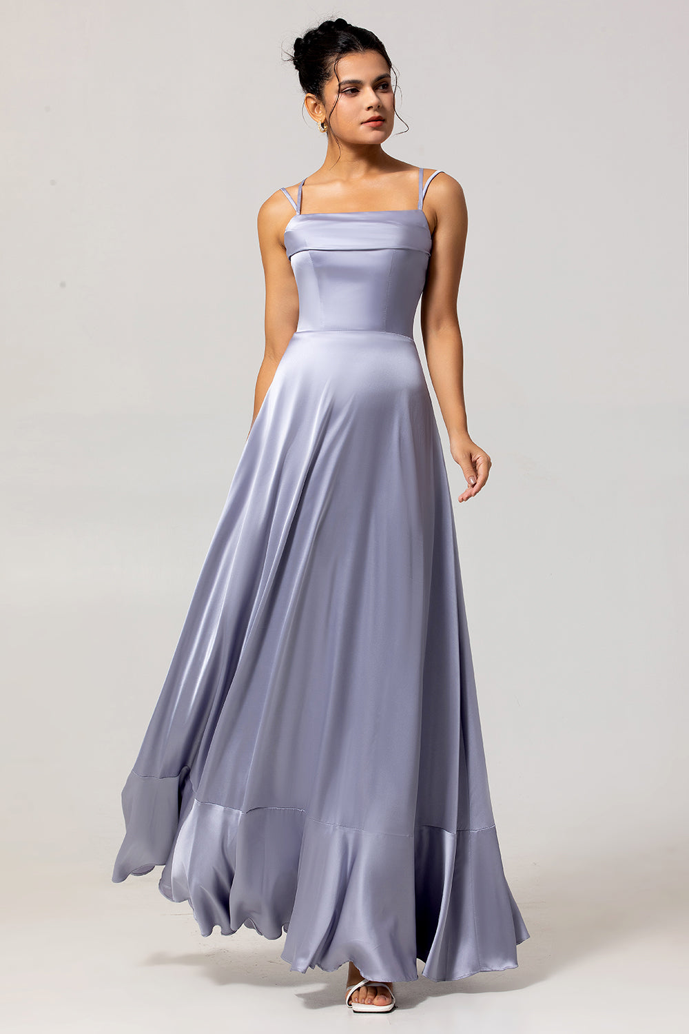 Dusty Blue A-Line Satin Long Bridesmaid Dress with Lace Up Back
