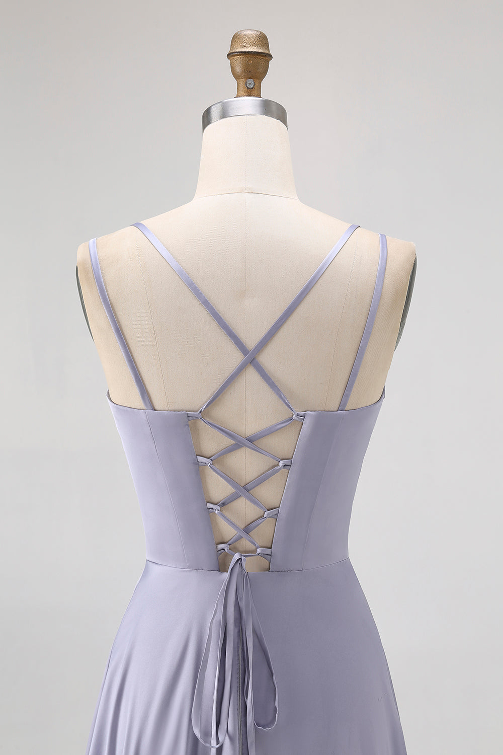 Dusty Blue A-Line Satin Long Bridesmaid Dress with Lace Up Back