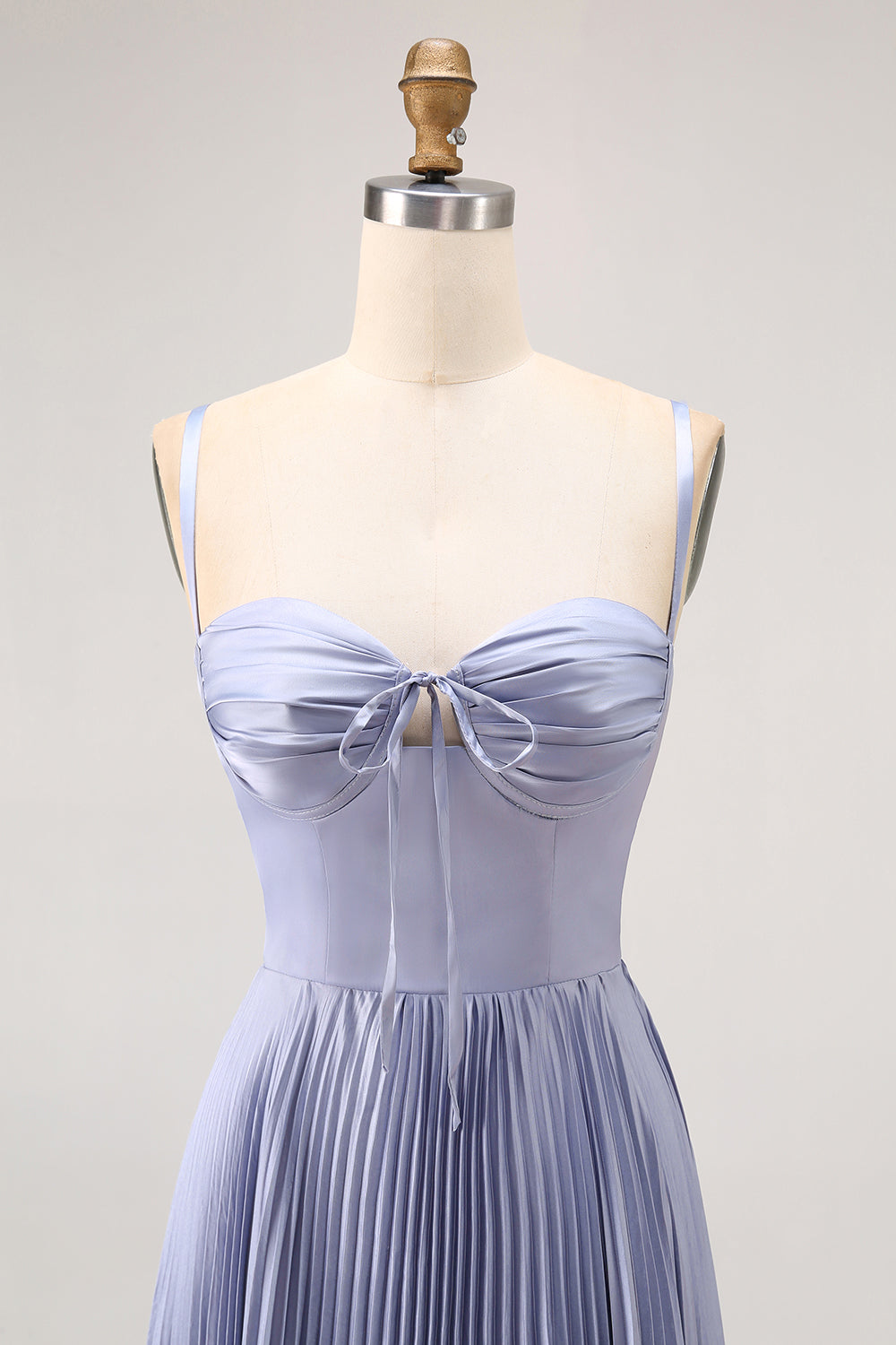 Dusty Blue A-Line Spaghetti Straps Satin Pleated Long Bridesmaid Dress