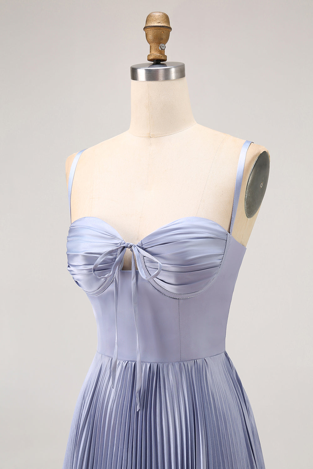 Dusty Blue A-Line Spaghetti Straps Satin Pleated Long Bridesmaid Dress