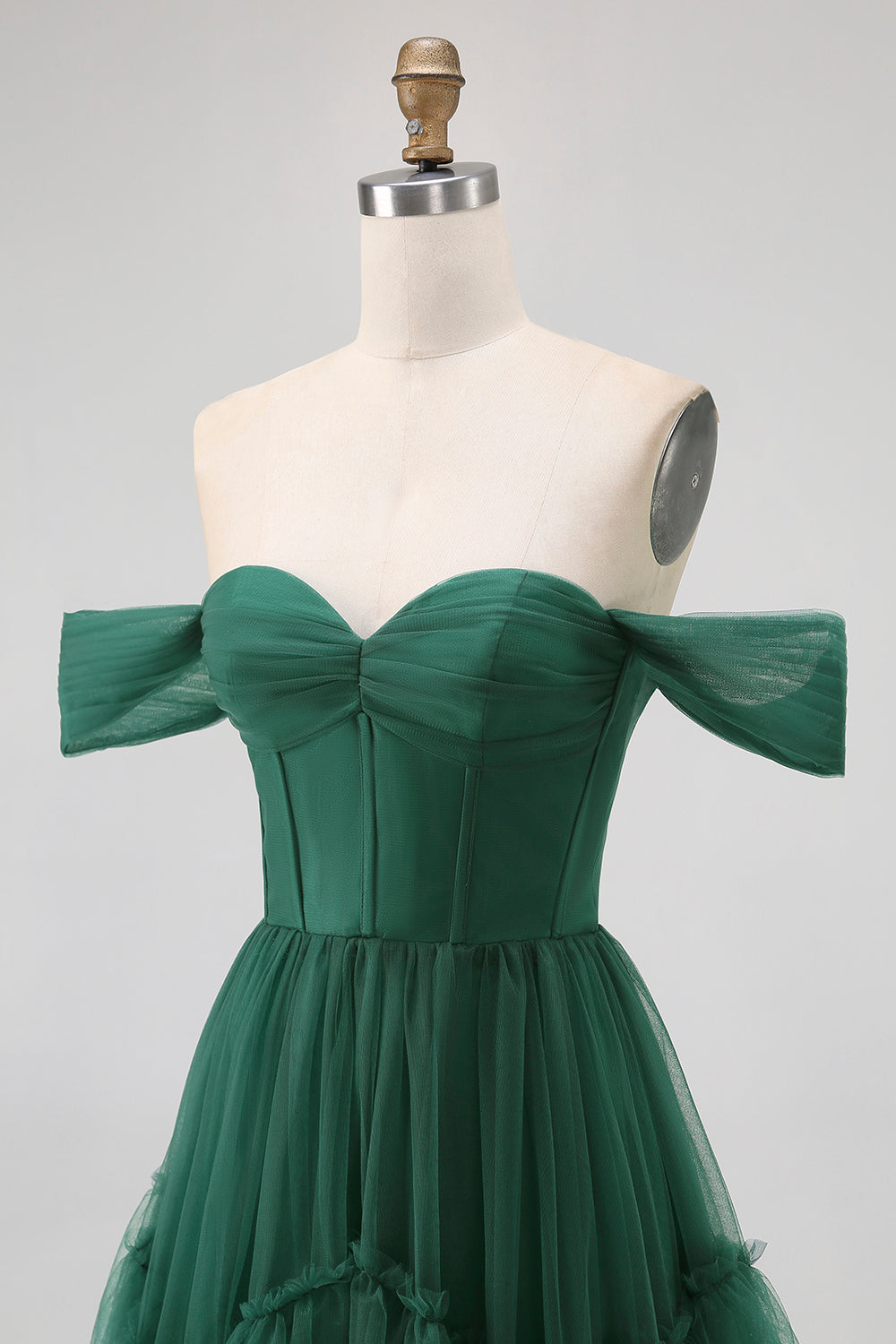 Emerald Green A-Line Off-Shoulder Tiered Tulle Long Evening Dress with Ruffles