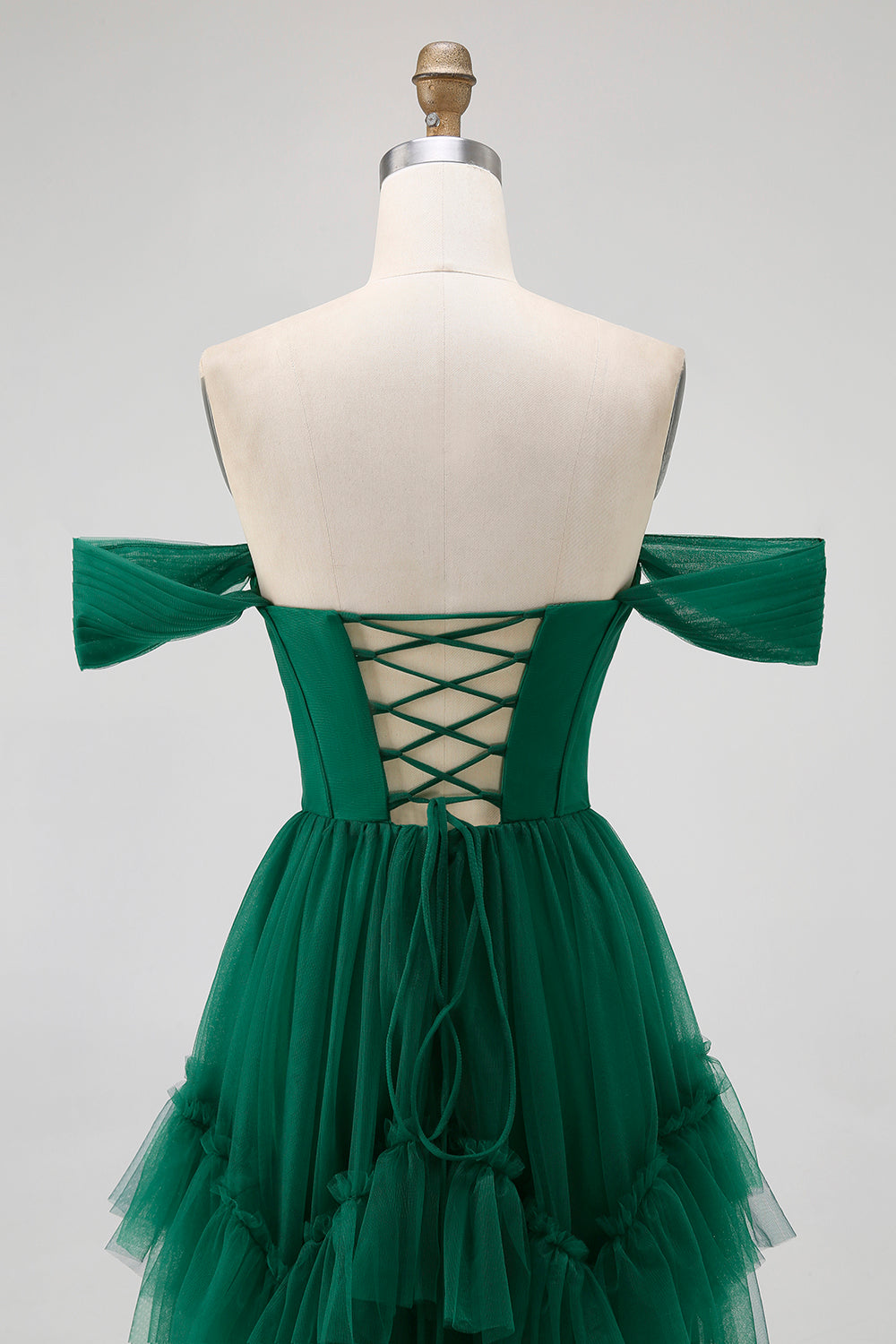 Emerald Green A-Line Off-Shoulder Tiered Tulle Long Evening Dress with Ruffles