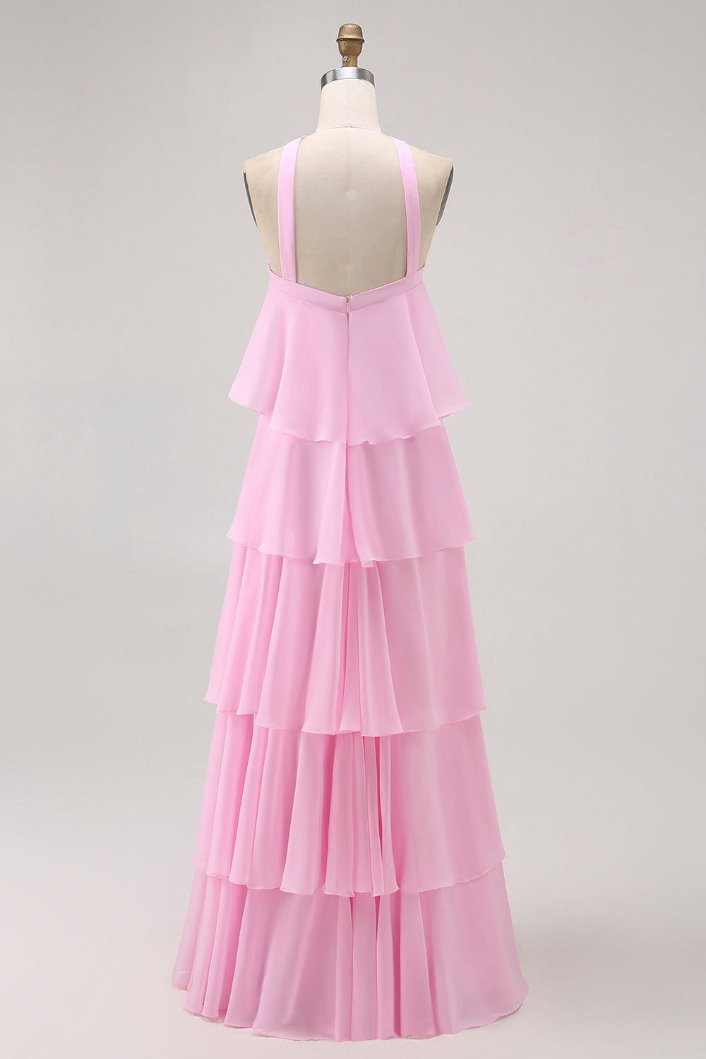 Elegant Candy Pink A-Line Halter Neck Tiered Chiffon Maxi Dress with Rose Accent