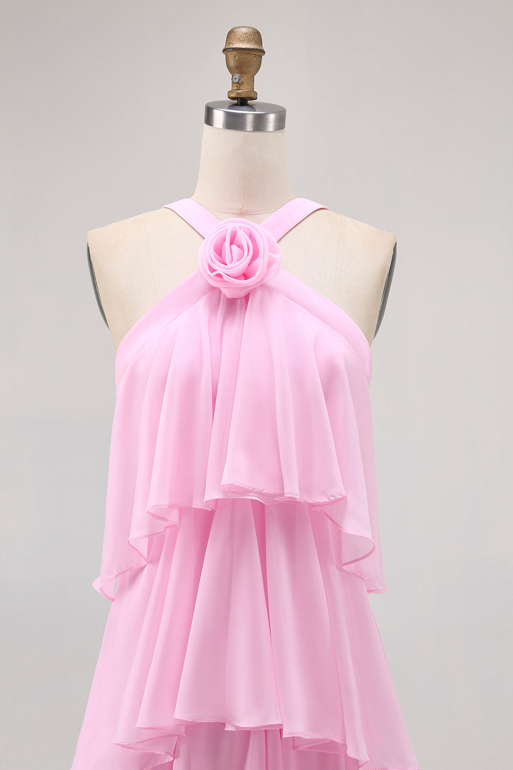 Elegant Candy Pink A-Line Halter Neck Tiered Chiffon Maxi Dress with Rose Accent