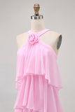 Elegant Candy Pink A-Line Halter Neck Tiered Chiffon Maxi Dress with Rose Accent