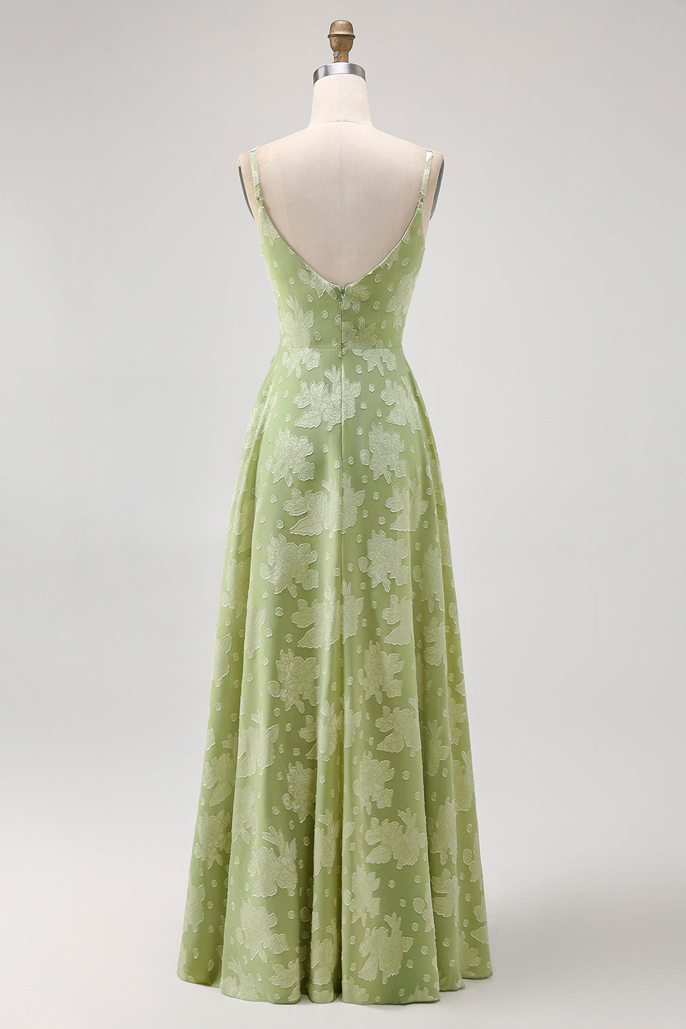 Sage Green Floral A-Line Jacquard Spaghetti Strap Maxi Dress with Slit
