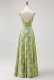 Sage Green Floral A-Line Jacquard Spaghetti Strap Maxi Dress with Slit