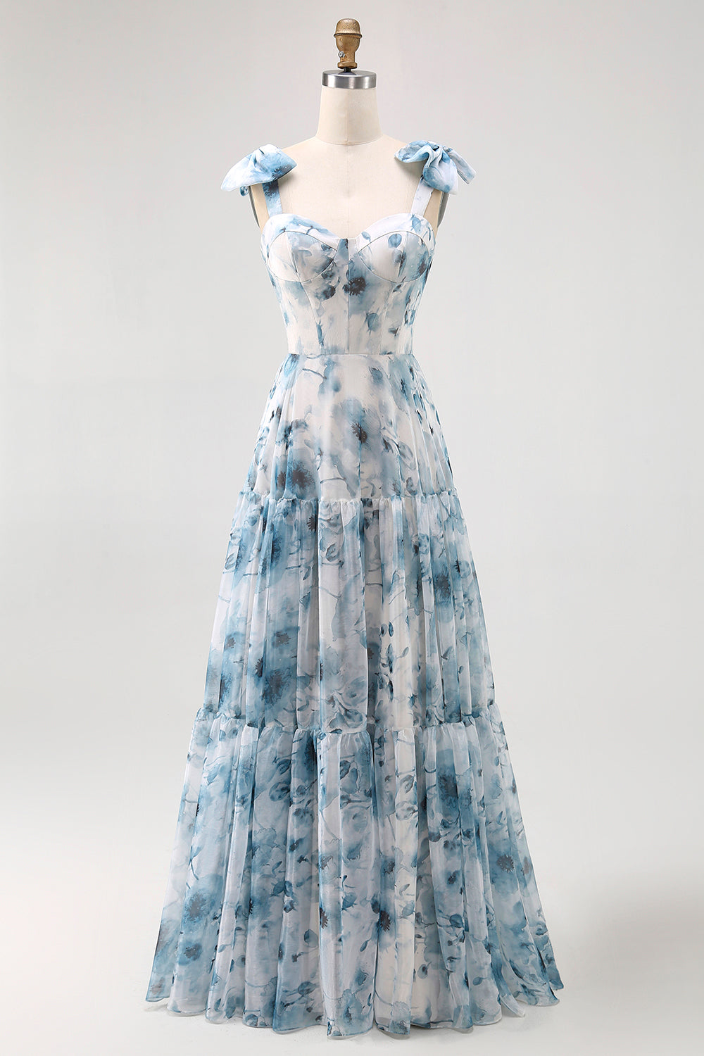 Blue Watercolor Floral A-Line Chiffon Bow Strap Maxi Bridesmaid Dress with Lace Up Back