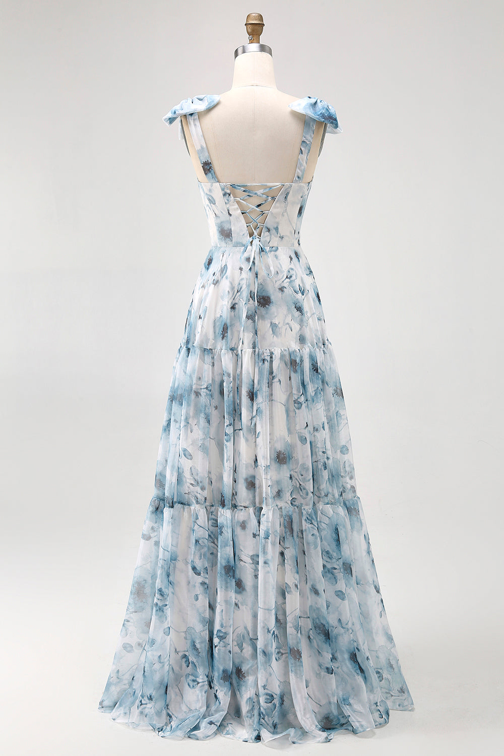 Blue Watercolor Floral A-Line Chiffon Bow Strap Maxi Bridesmaid Dress with Lace Up Back