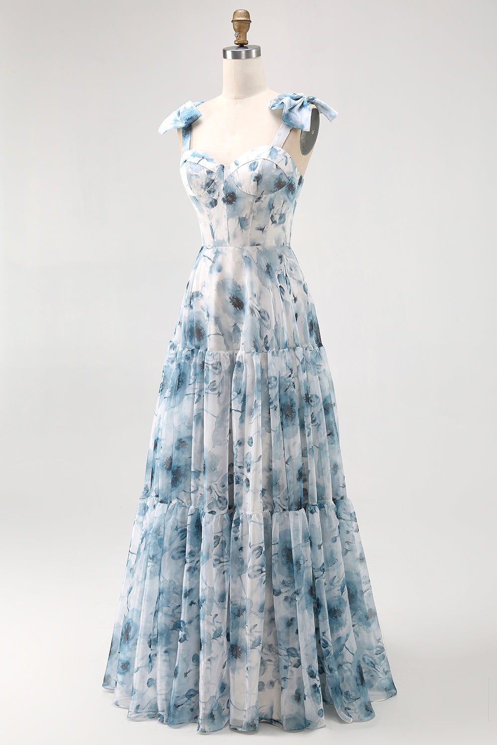 Blue Watercolor Floral A-Line Chiffon Bow Strap Maxi Bridesmaid Dress with Lace Up Back