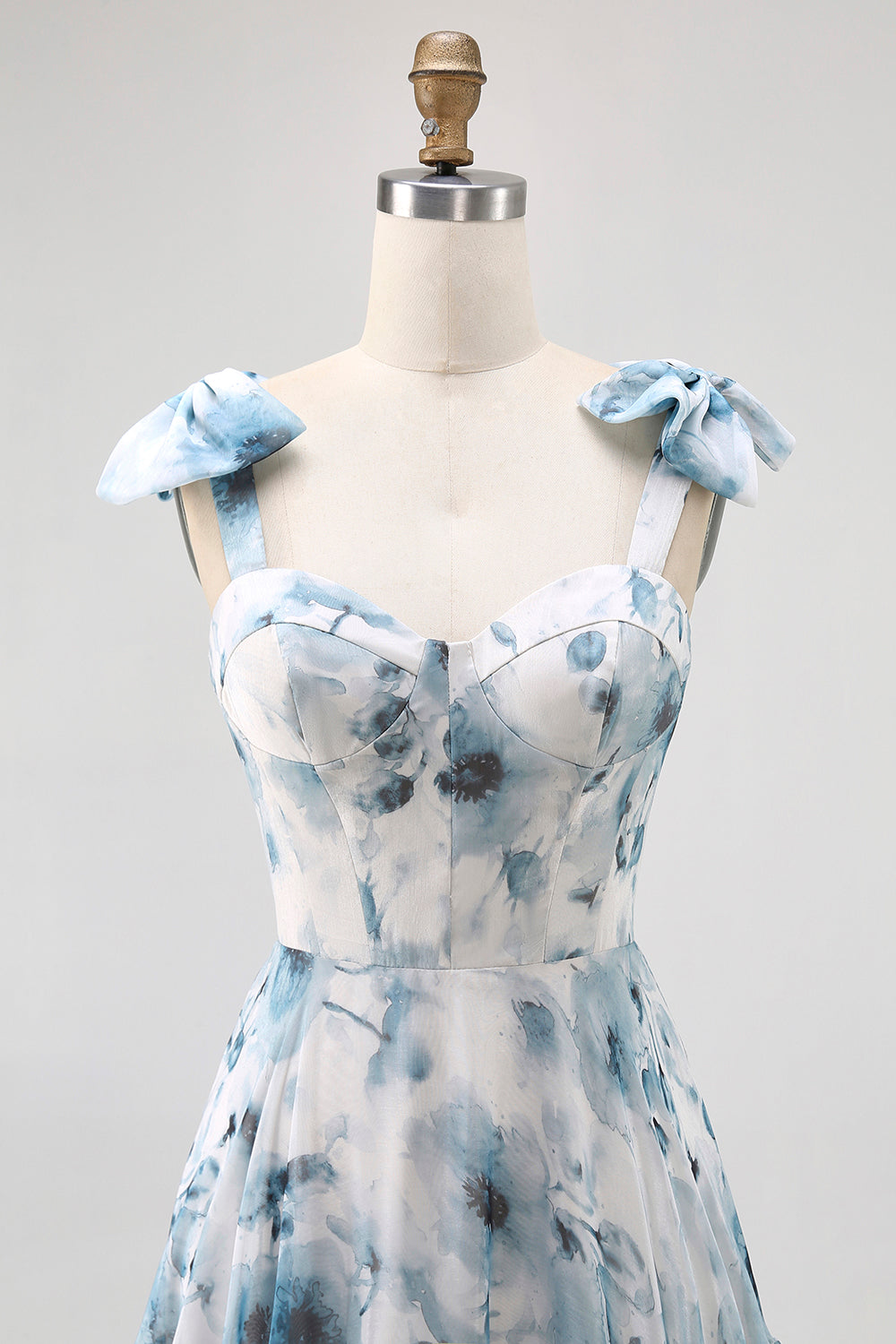 Blue Watercolor Floral A-Line Chiffon Bow Strap Maxi Bridesmaid Dress with Lace Up Back