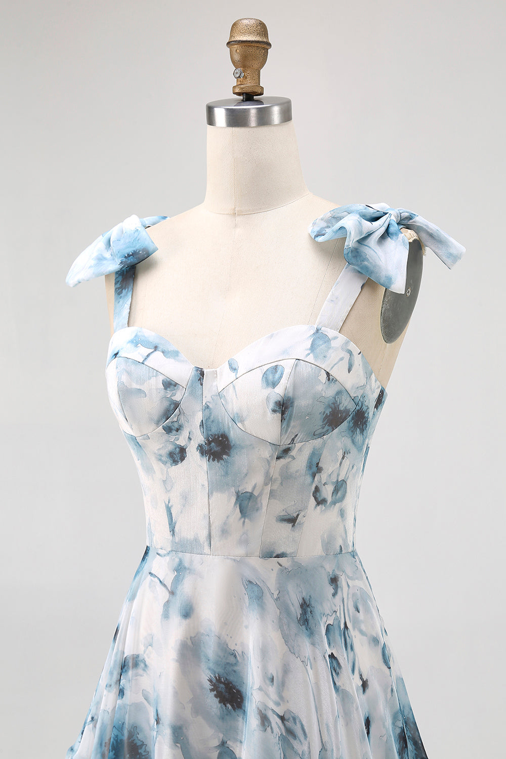 Blue Watercolor Floral A-Line Chiffon Bow Strap Maxi Bridesmaid Dress with Lace Up Back