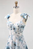 Blue Watercolor Floral A-Line Chiffon Bow Strap Maxi Bridesmaid Dress with Lace Up Back