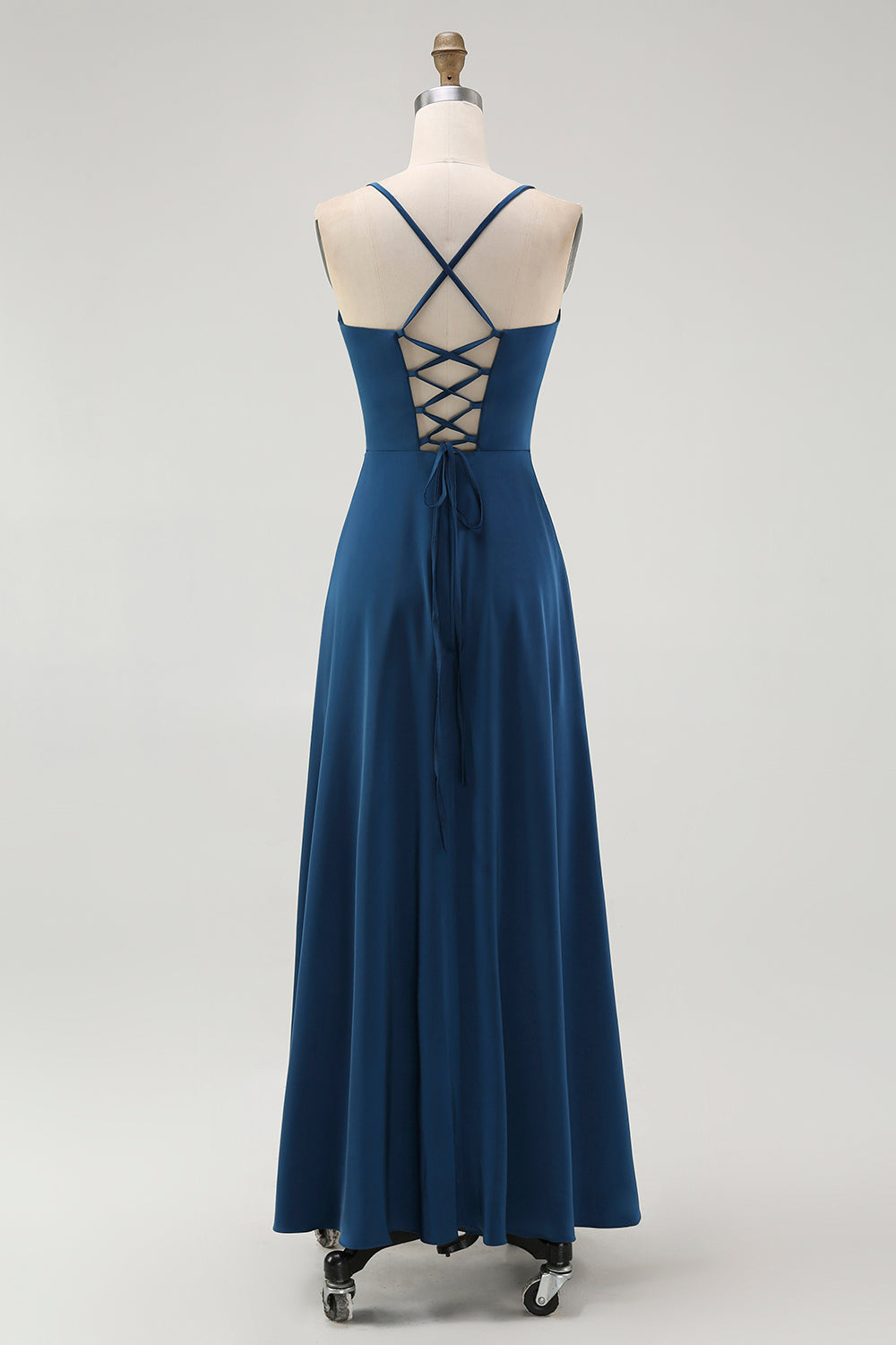 Dark Blue A Line Spaghetti Straps Long Bridesmaid Dress with Lace Up Back