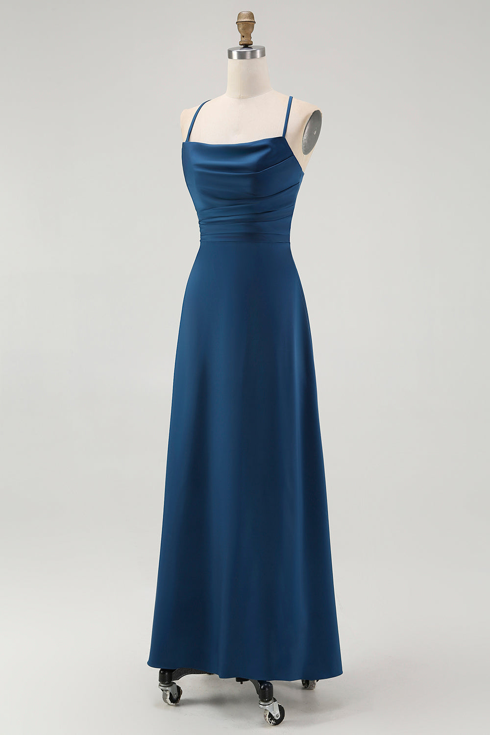 Dark Blue A Line Spaghetti Straps Long Bridesmaid Dress with Lace Up Back