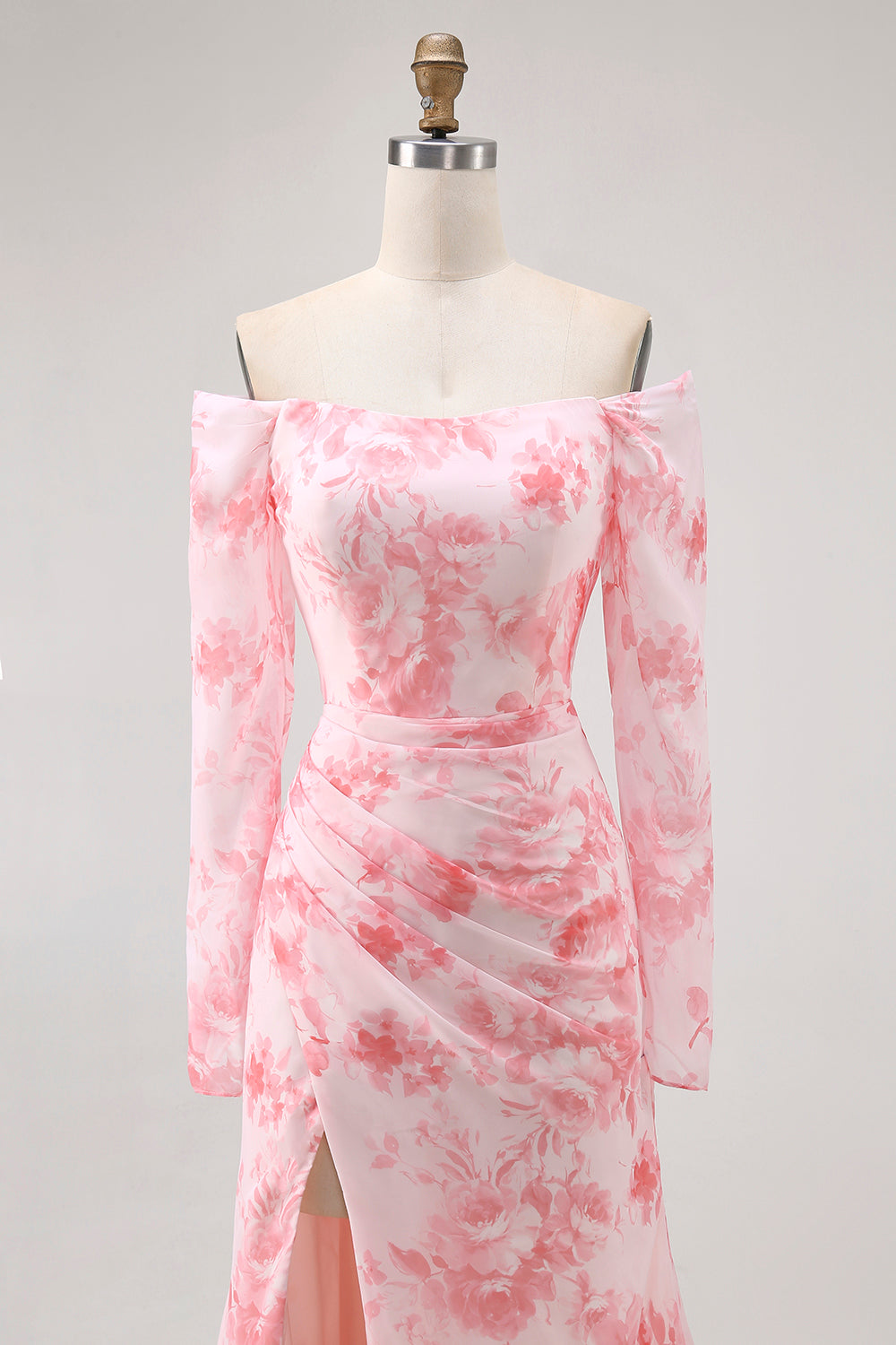 Pink Floral Off-Shoulder Chiffon Fitted Bodice Maxi Dress with Slight Flare