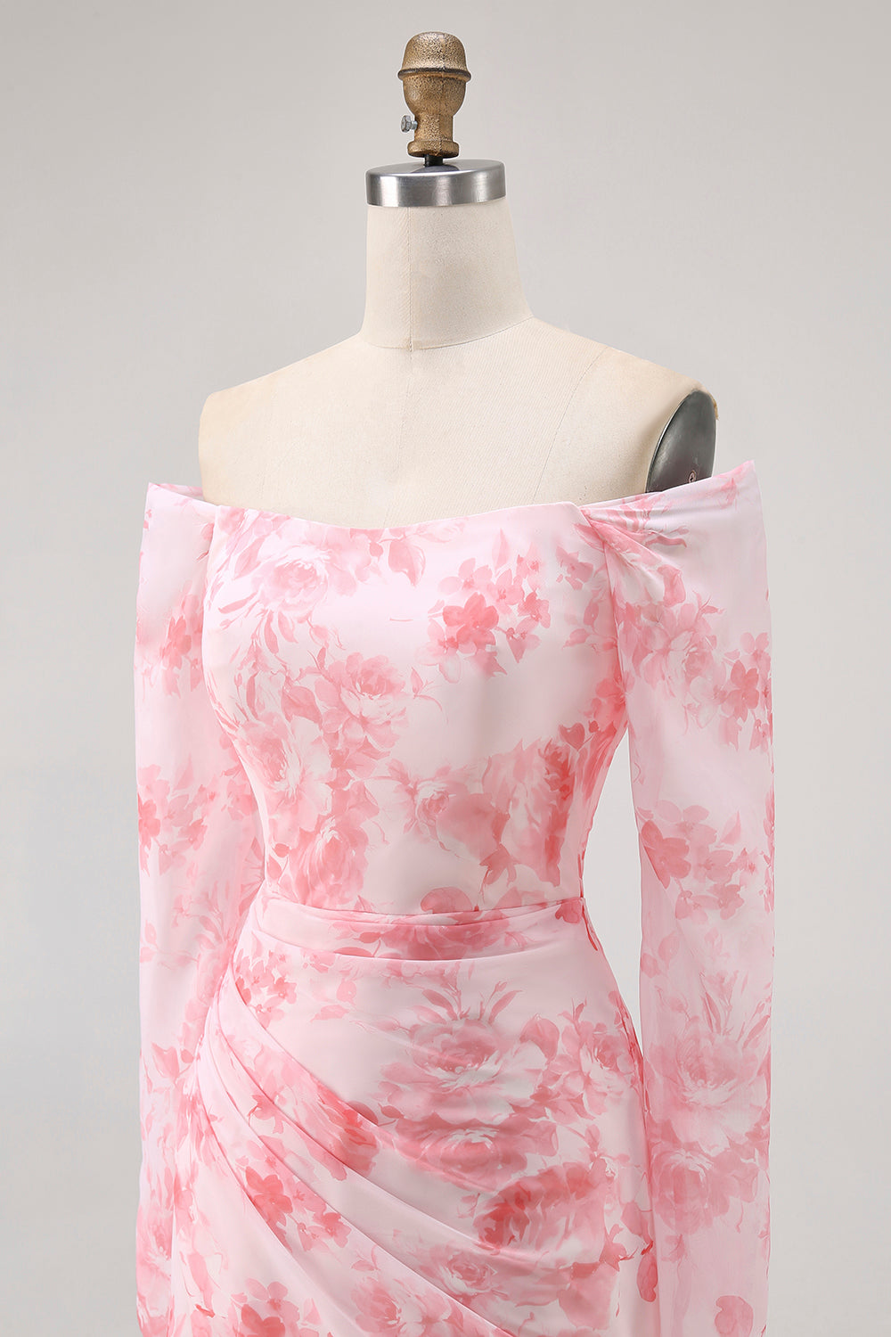 Pink Floral Off-Shoulder Chiffon Fitted Bodice Maxi Dress with Slight Flare