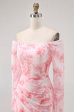 Pink Floral Off-Shoulder Chiffon Fitted Bodice Maxi Dress with Slight Flare