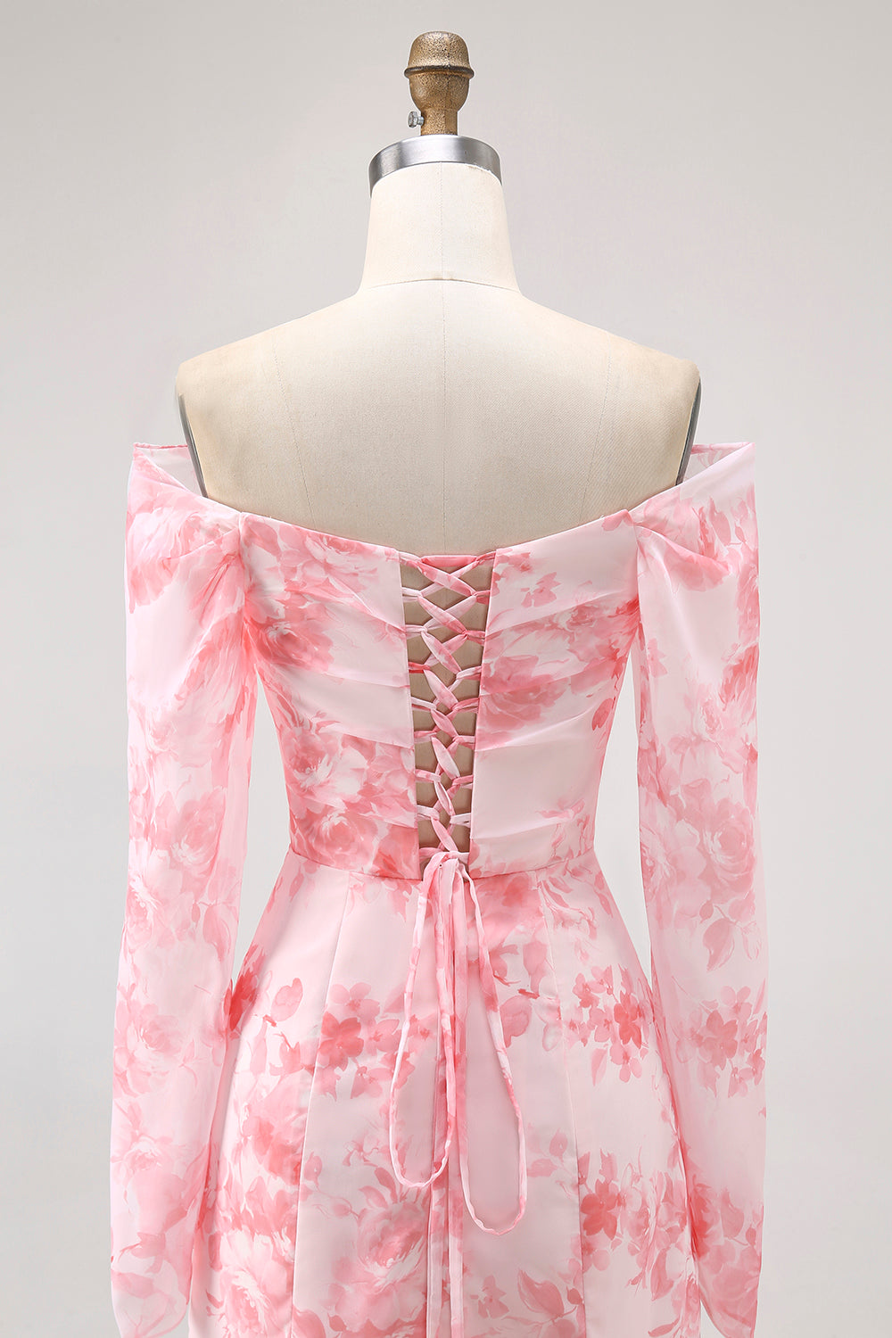 Pink Floral Off-Shoulder Chiffon Fitted Bodice Maxi Dress with Slight Flare