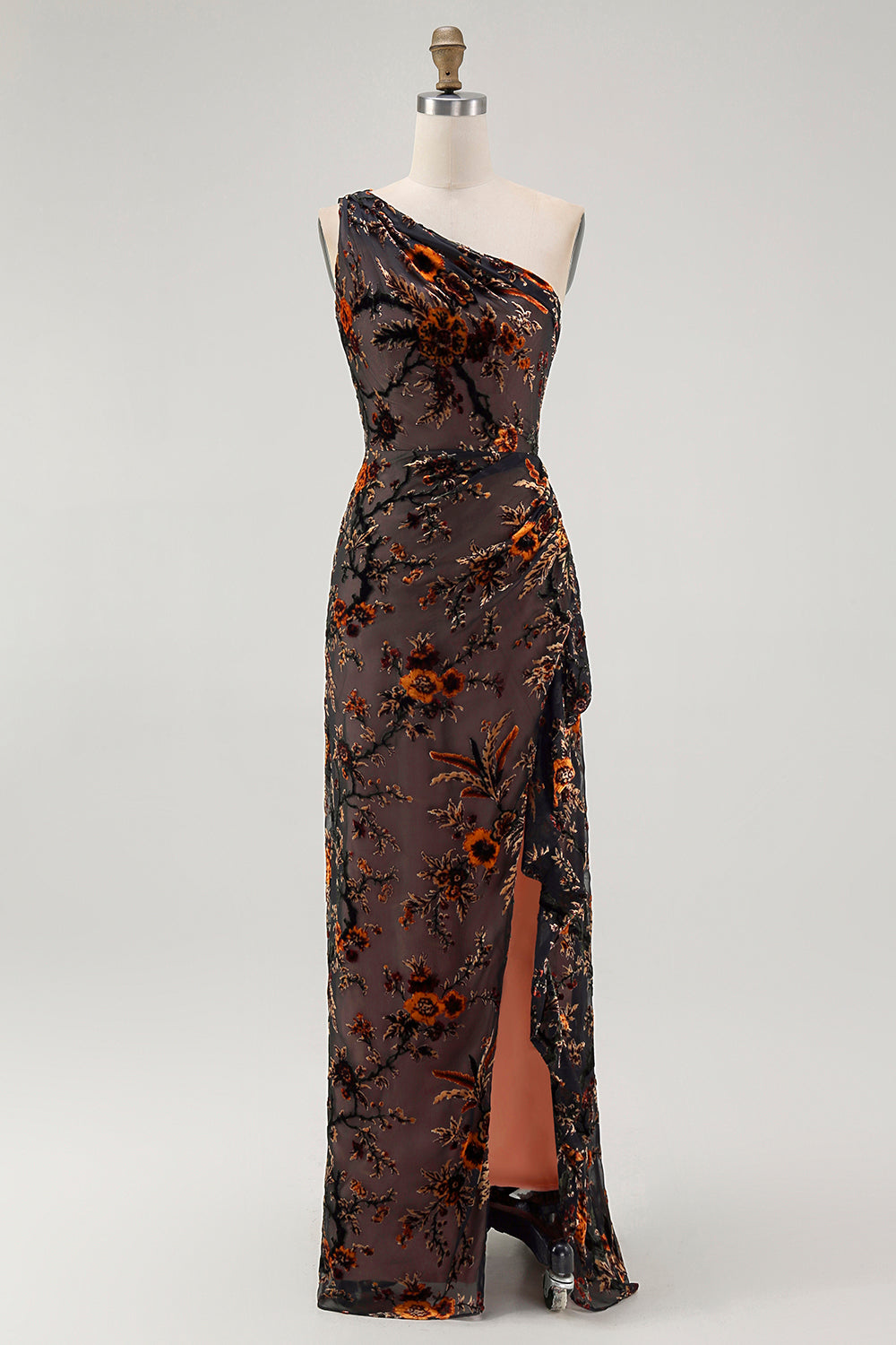 Black Sheath Velvet Burnout Floral One-Shoulder Maxi Dress with Slit