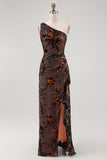 Black Sheath Velvet Burnout Floral One-Shoulder Maxi Dress with Slit