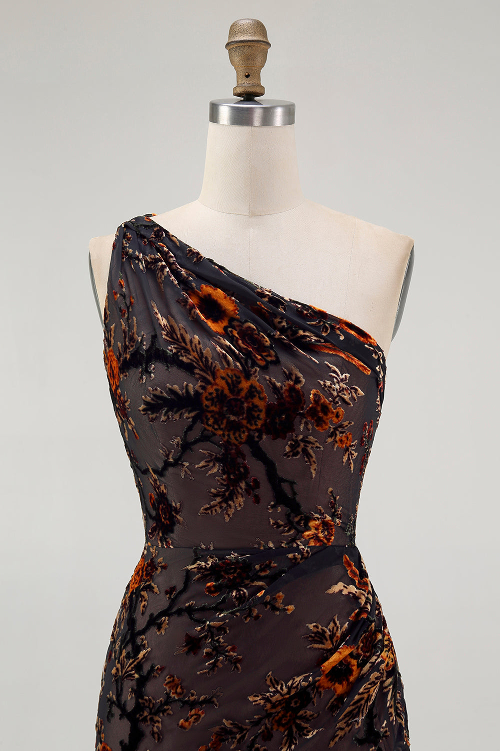 Black Sheath Velvet Burnout Floral One-Shoulder Maxi Dress with Slit