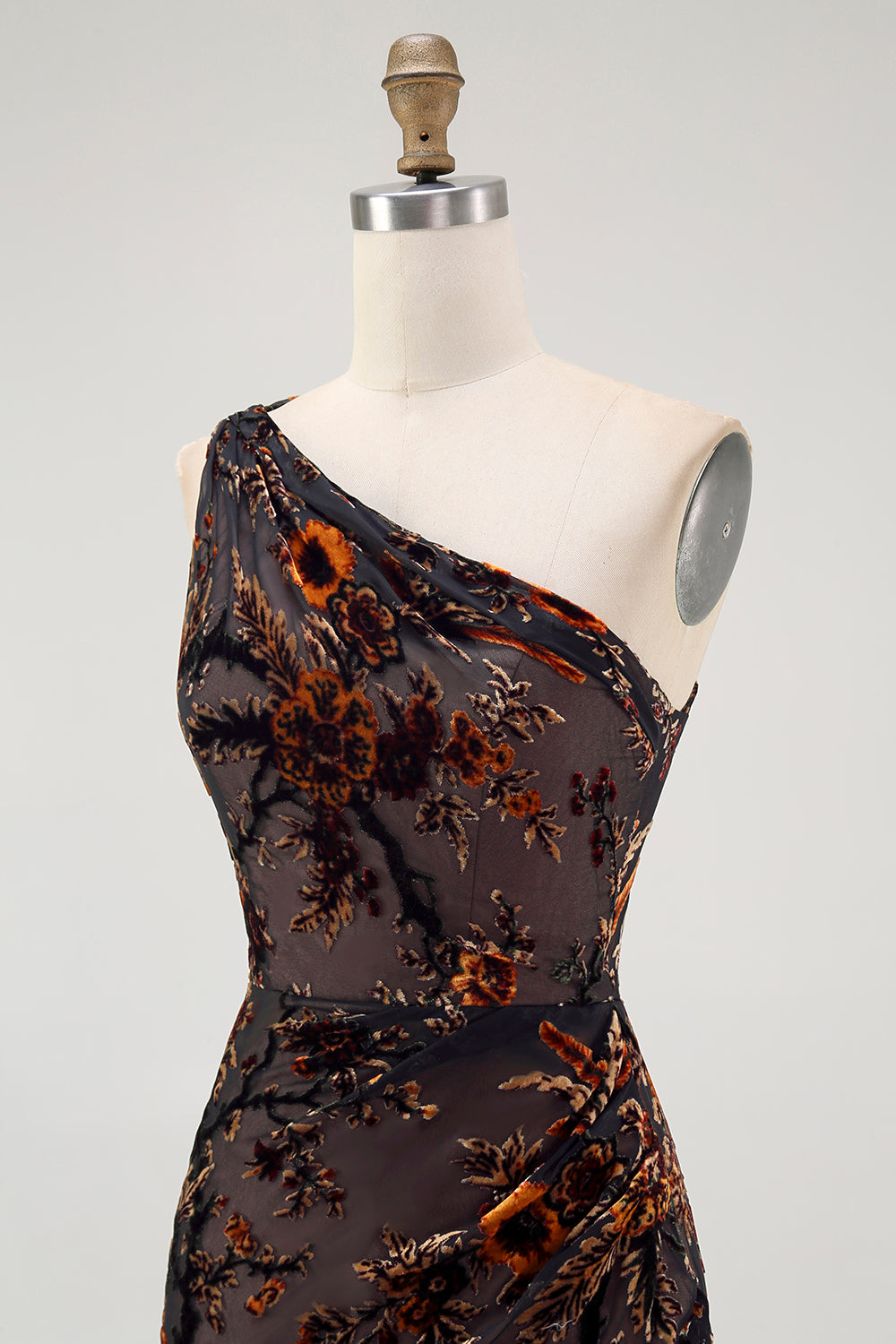 Black Sheath Velvet Burnout Floral One-Shoulder Maxi Dress with Slit