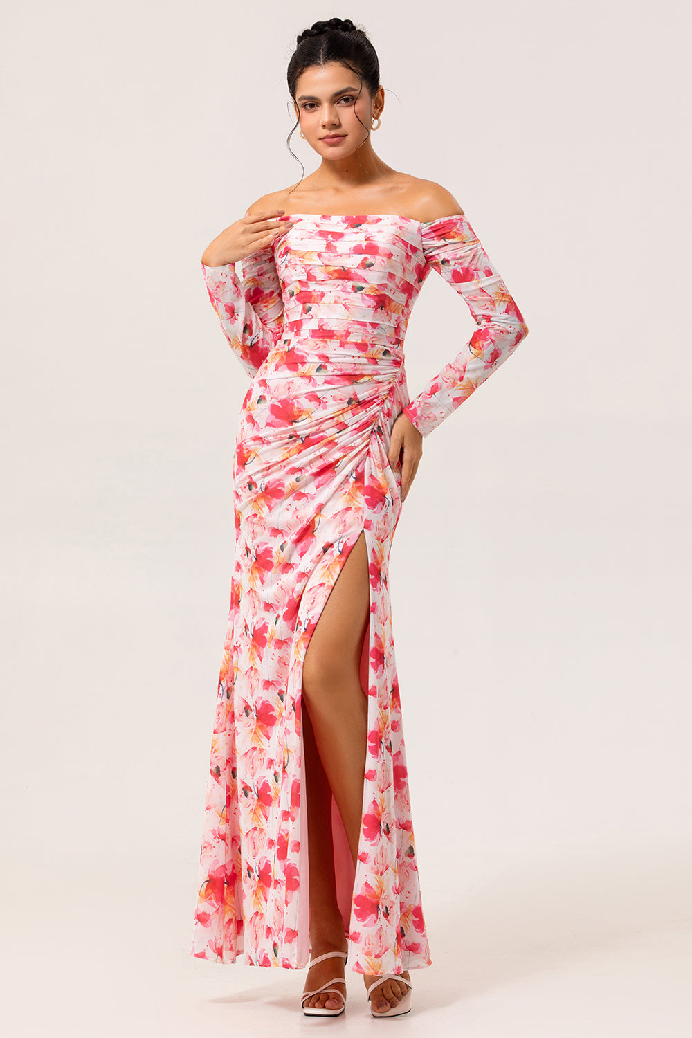 Pink Flower Off The Shoulder Fitted Floral Ruched Long Sleeves Maxi Dress with Slit