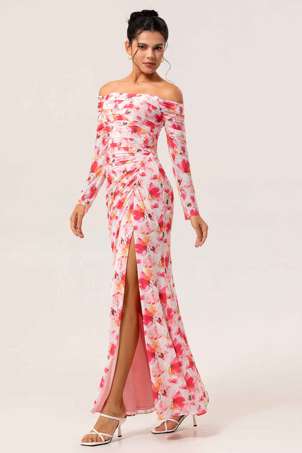 Pink Flower Off The Shoulder Fitted Floral Ruched Long Sleeves Maxi Dress with Slit