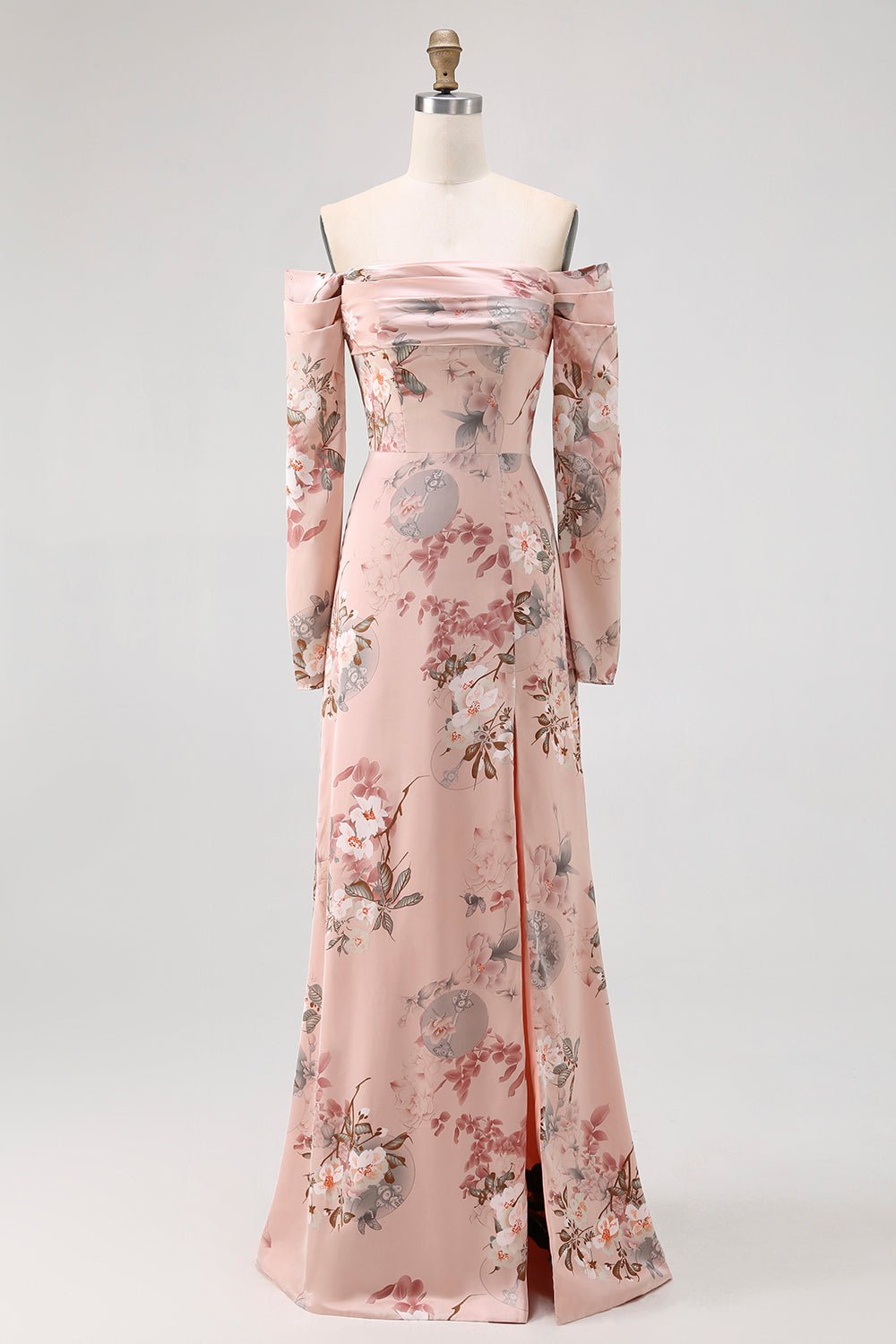 Blush Floral Off The Shoulder Printed Long Bridesmaid Dress with Slit