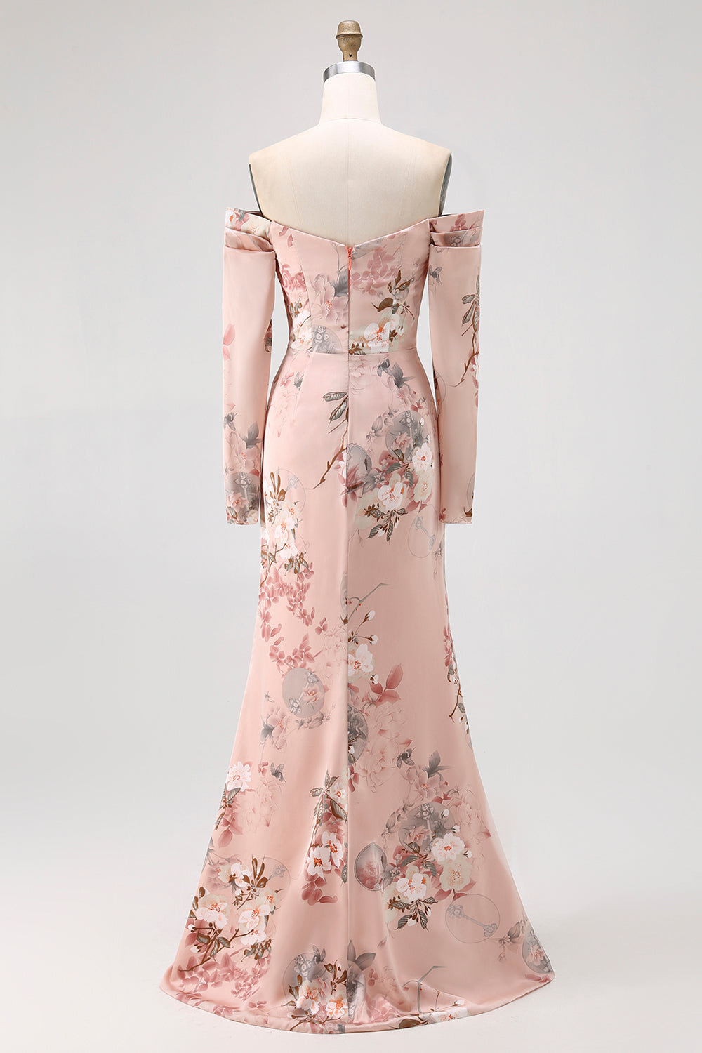 Blush Floral Off The Shoulder Printed Long Bridesmaid Dress with Slit