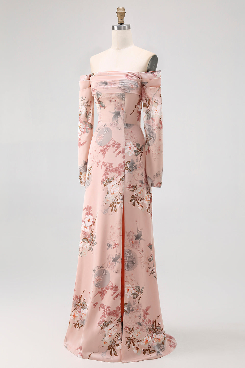 Blush Floral Off The Shoulder Printed Long Bridesmaid Dress with Slit