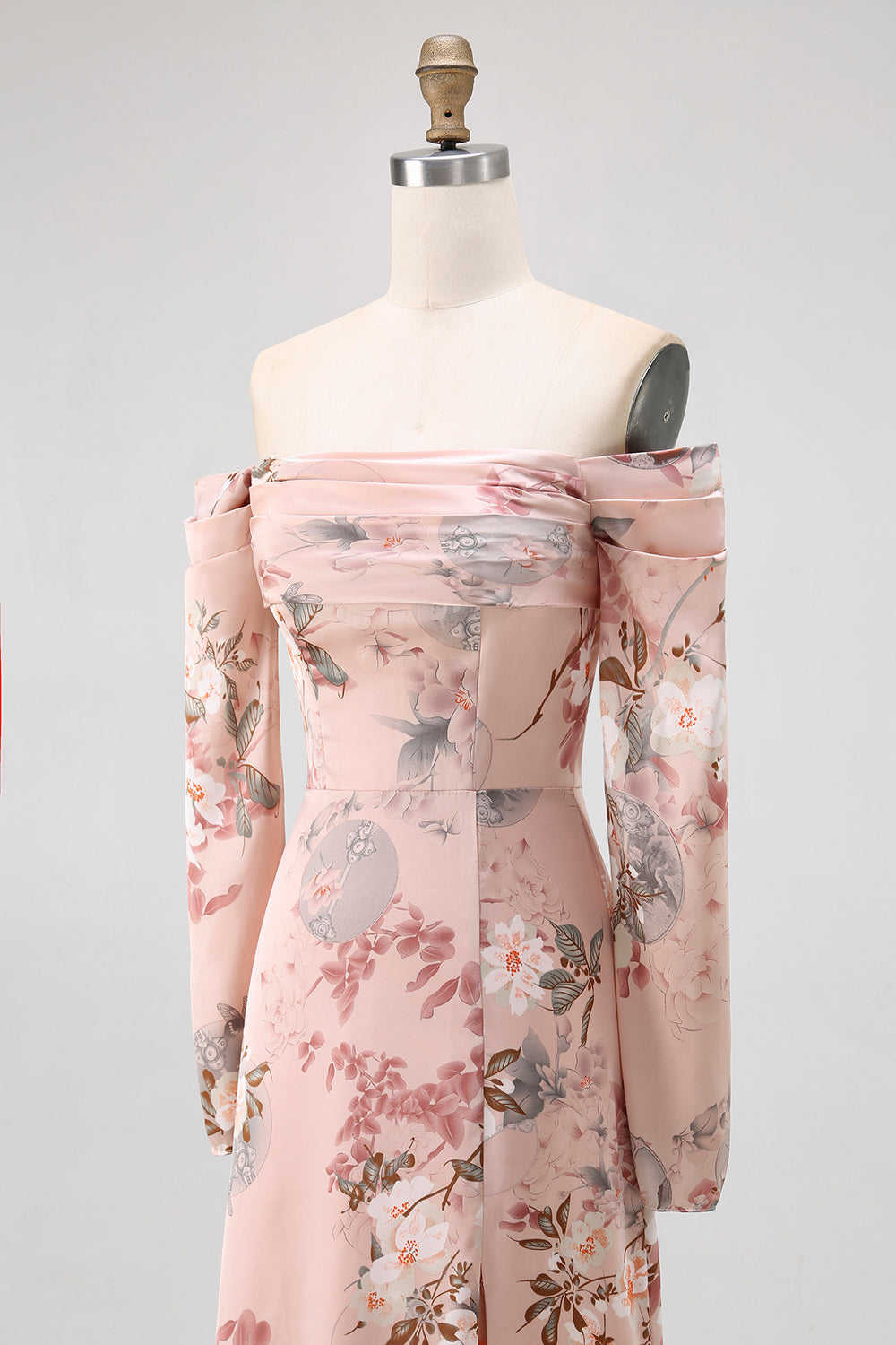 Blush Floral Off The Shoulder Printed Long Bridesmaid Dress with Slit